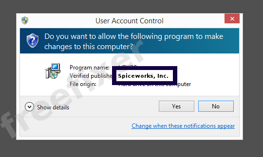 Screenshot where Spiceworks, Inc. appears as the verified publisher in the UAC dialog